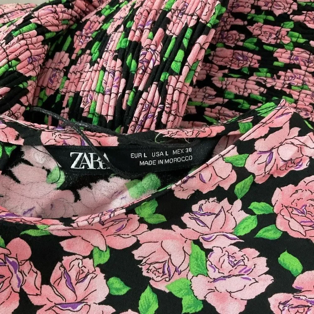 Zara Pink and Black Floral Long Sleeve Dress